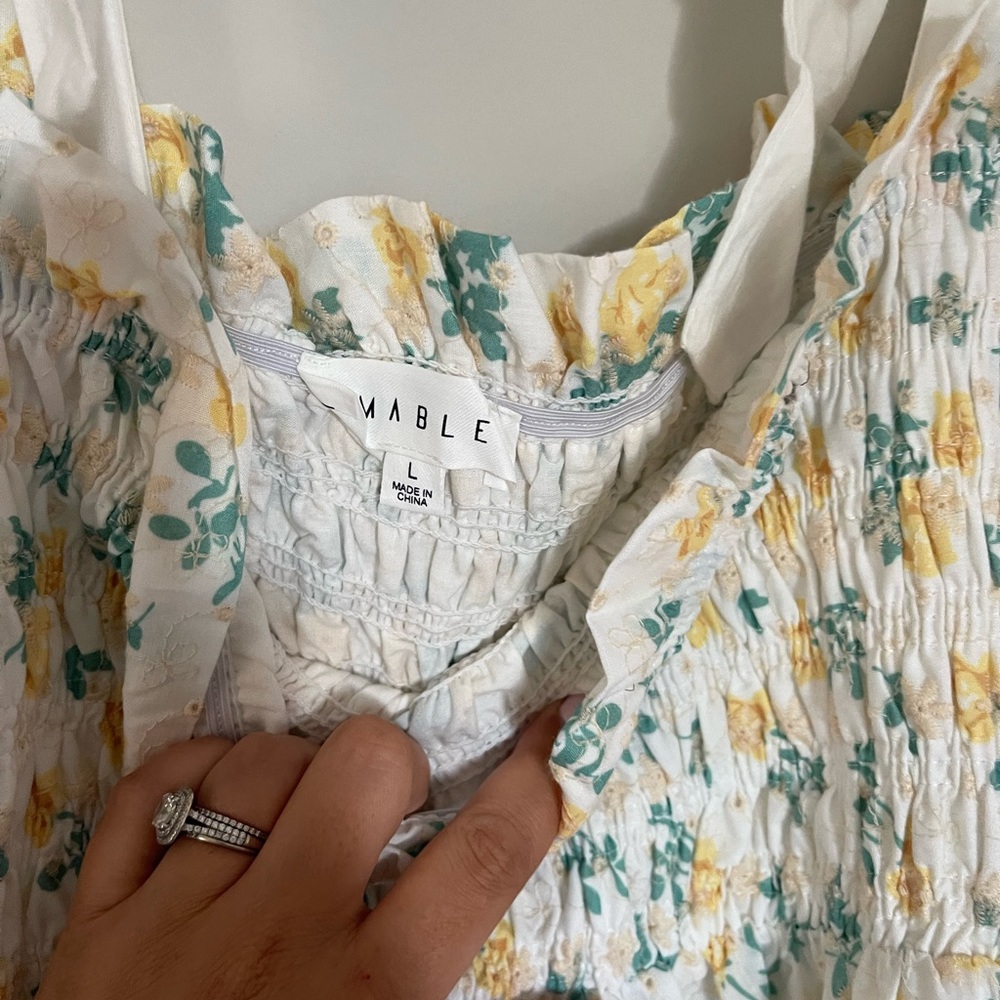 Smocked Tie-Shoulder Floral Midi Dress - White with Yellow & Blue - Picture 5 of 5